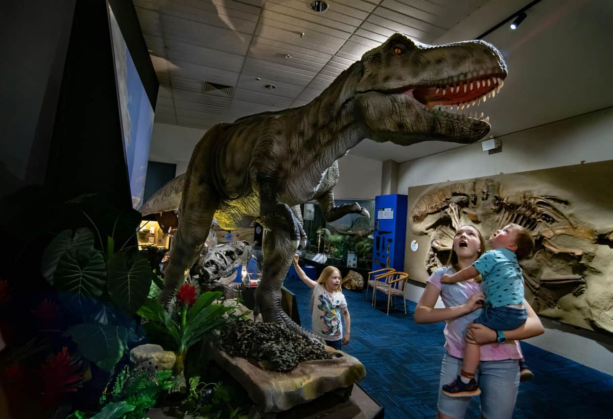 National Dinosaur Museum: Skip The Line Ticket A large dinosaur exhibit with open mouth, three children observing and reacting in amazement, one child being held by an older girl.