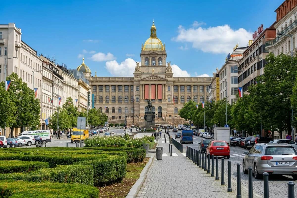 Prague: Old & New Town Tour + National Museum Skip-the-Line Ticket A wide street with a pedestrian walkway leading to a large historic building with a golden dome, surrounded by trees and cars.