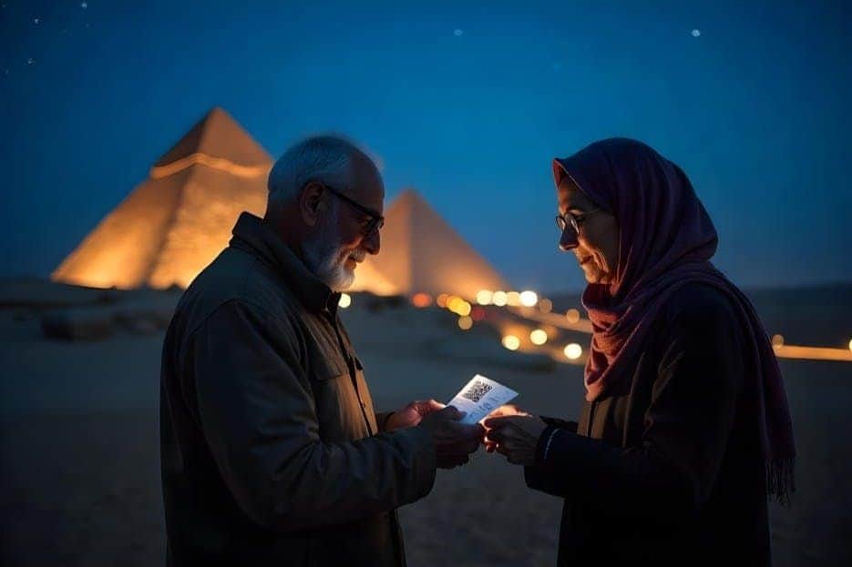 Pyramids of Giza: Entry Ticket Two people examining a glowing QR code in a dark setting, with illuminated pyramids in the background.
