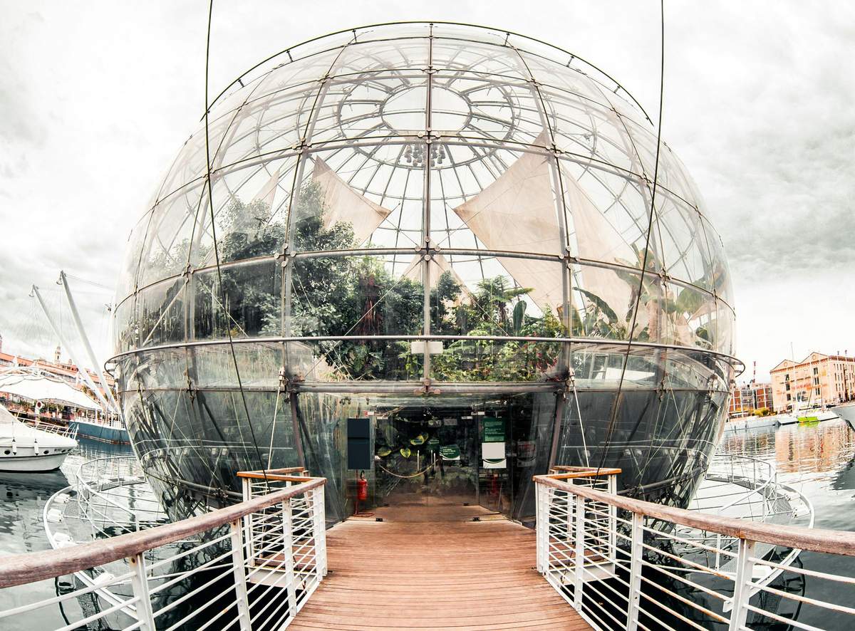 Biosphere: Fast Track Ticket A large glass dome structure with plants inside, viewed from the entrance of a wooden walkway with railings.