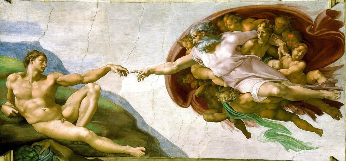 Vatican Museums & Sistine Chapel: Fast Track Ticket A depiction of a reclining, nude male figure reaching out to another hand against a backdrop of muted colors and cracks.