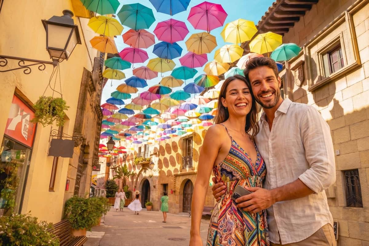 Poble Espanyol: Skip The Line Ticket A smiling couple posing under colorful umbrellas suspended above a sunny street with stone buildings in the background.