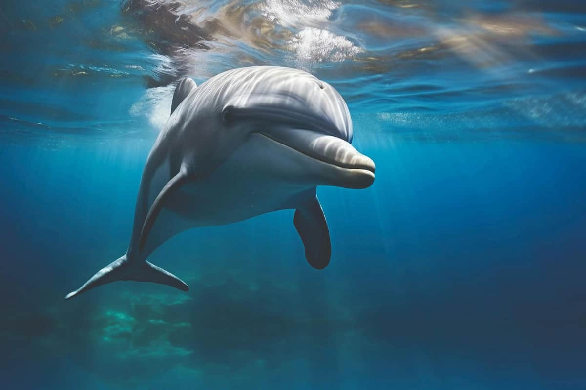 A dolphin swimming underwater surrounded by clear blue water and sunlight filtering from above.