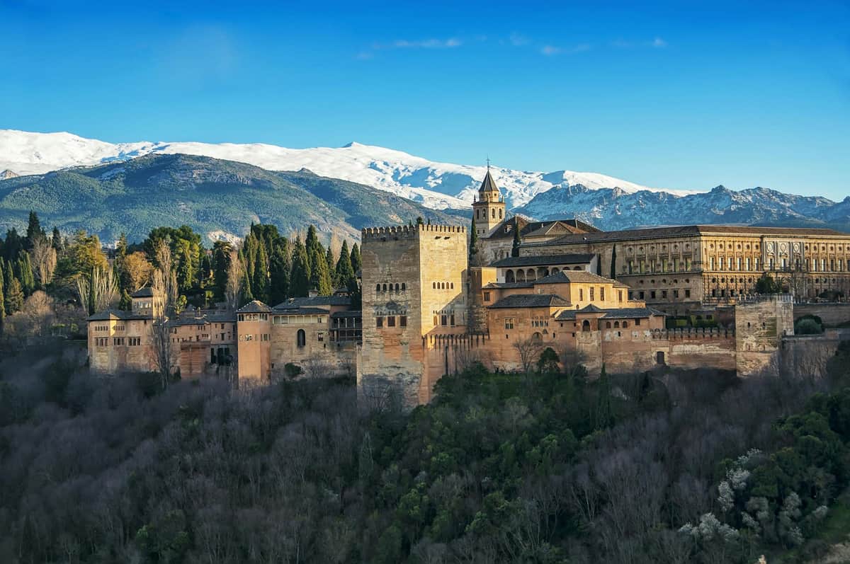 Alhambra & Nasrid Palaces: Skip The Line Ticket + Small Group Guided Tour A historic fortress with tower and buildings on a wooded hill, set against a backdrop of snow-capped mountains and a clear blue sky.
