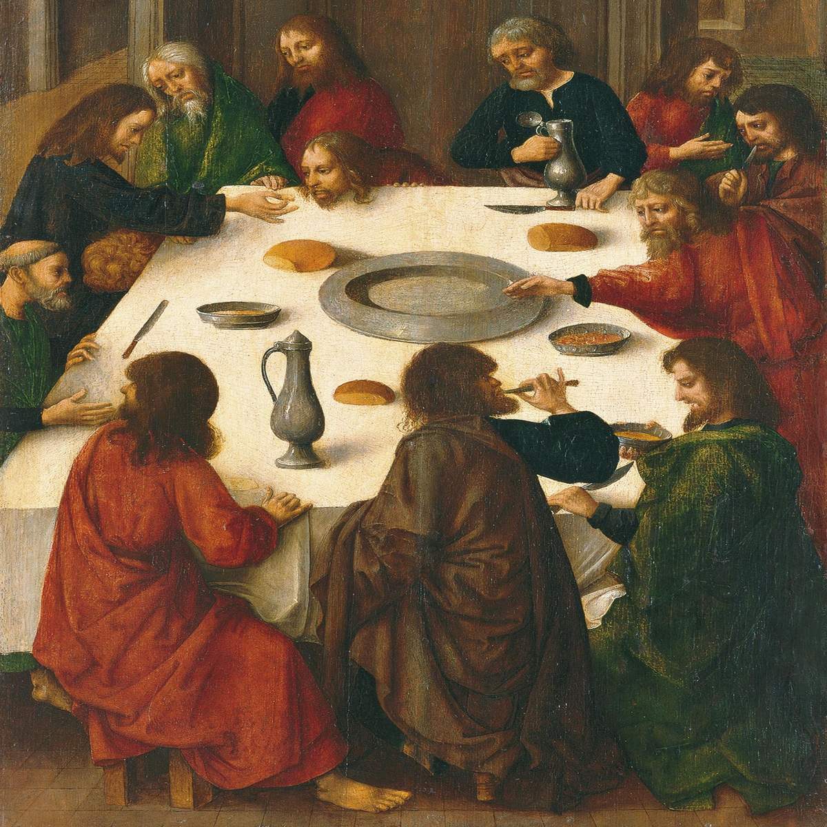 Museo Nacional Thyssen-Bornemisza: Skip The Line + Lunch Menu Thirteen men in robes sit around a table with bread and jugs, some gesturing towards the center, in a classical art style.