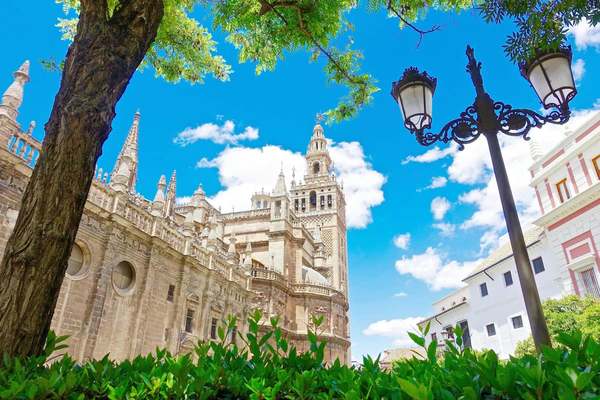 Seville Cathedral & La Giralda: Skip The Line Ticket Gothic cathedral with intricate spires, a tall bell tower, nearby street lamp, lush greenery, and a bright blue sky with clouds.