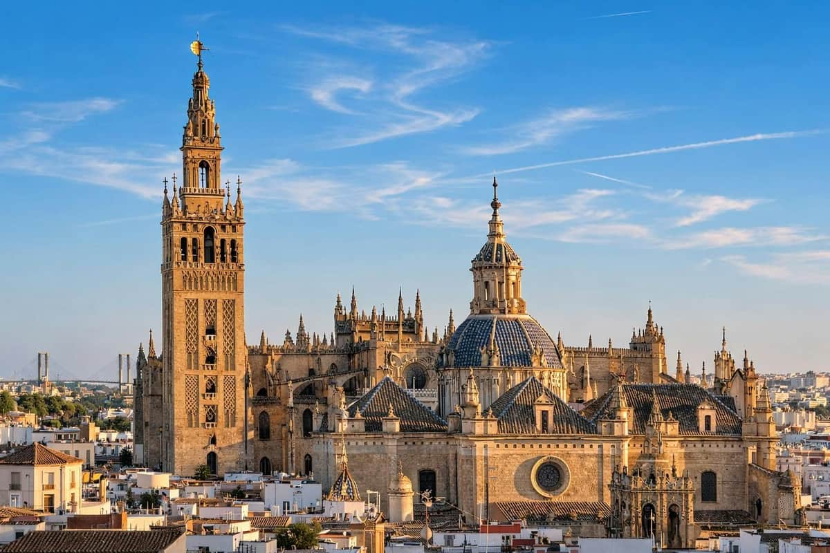 Seville Cathedral & La Giralda: Skip The Line Ticket + Guided Tour A historic cathedral with intricate architecture, featuring a tall bell tower and ornate domes under a clear blue sky.