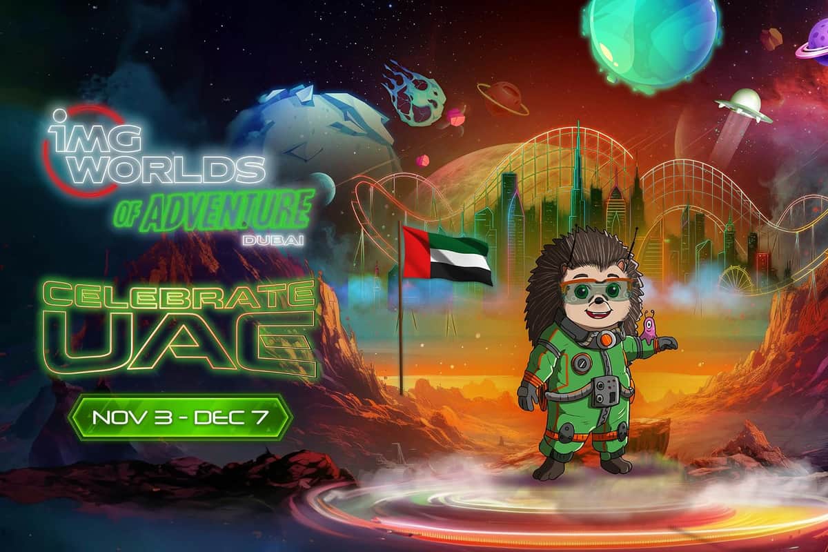 IMG Worlds of Adventure: Entry Ticket + Ultimate Fast Track A space-themed illustration of a hedgehog in a spacesuit, with the UAE flag, planets, and Dubai's skyline in the background.