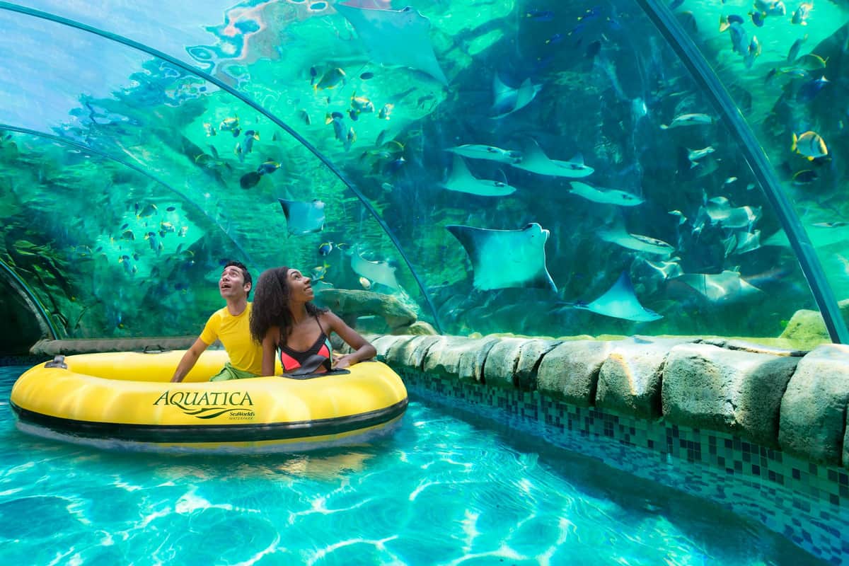 Aquatica San Antonio: Fast Track Ticket Two people in a yellow inflatable raft in an aquarium tunnel, surrounded by swimming stingrays and fish.