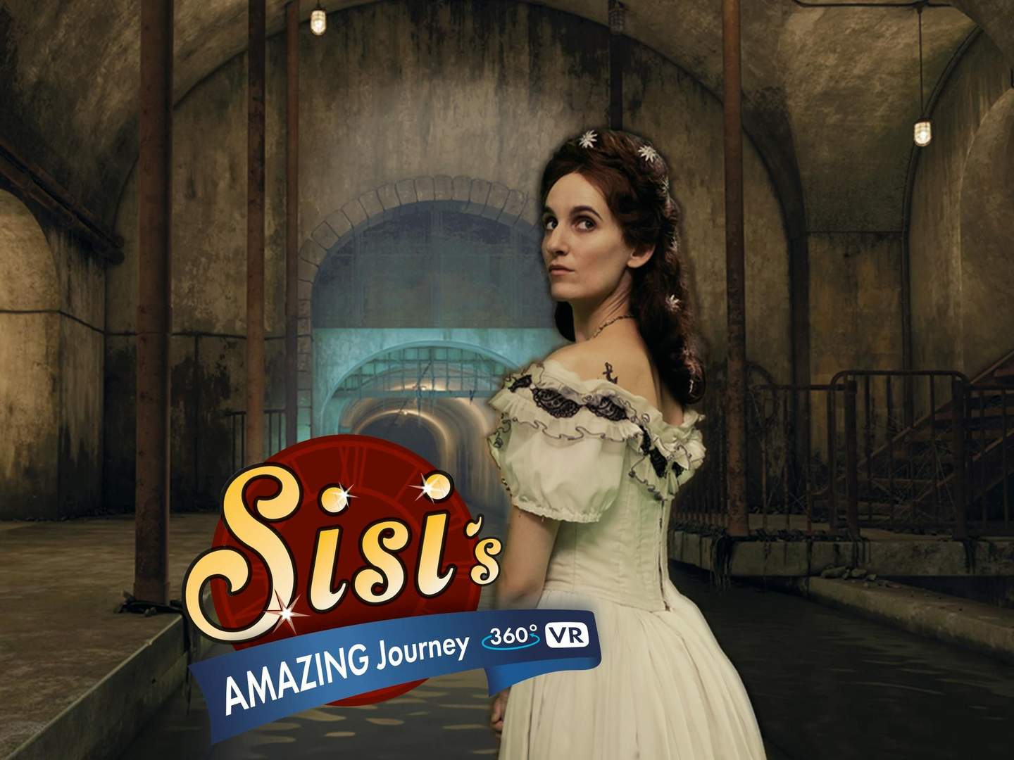 A woman in a vintage dress stands in a dimly lit underground tunnel with "Sisi's Amazing Journey 360° VR" text overlay.