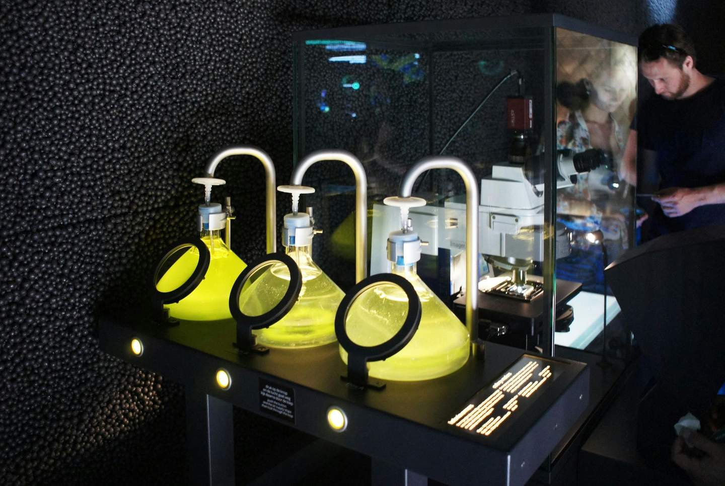 ARTIS Micropia Three large flasks with bright yellow liquid and magnifying lenses, intricate lab equipment, and a person in the background.