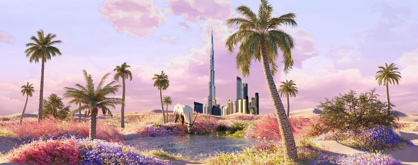 A serene landscape with palm trees, a pool of water, colorful flowers, and skyscrapers in the background, under a pastel sky.