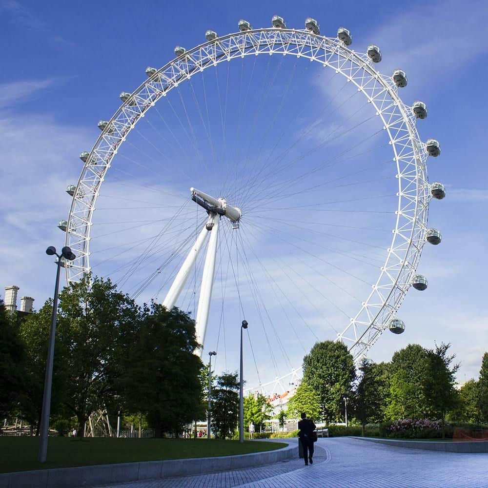 London Eye A towering Ferris wheel with enclosed passenger pods stands against a clear blue sky, surrounded by trees and a paved walkway.
