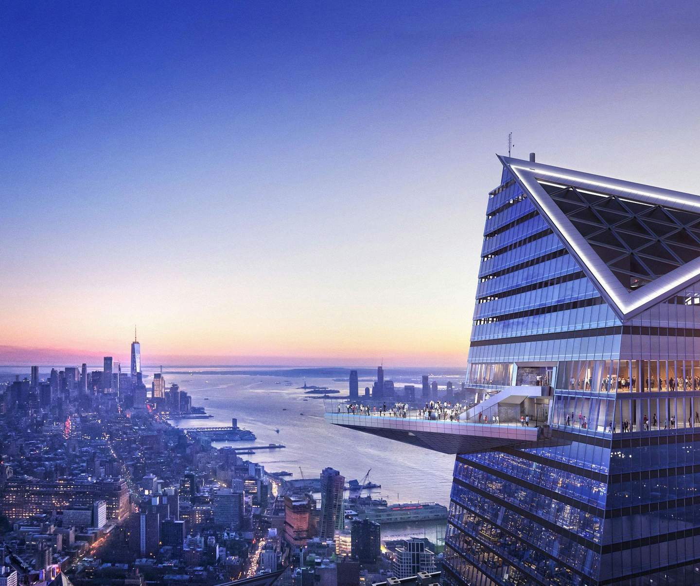 Edge NYC High-rise building with triangular observation deck, people, and glass railings on the right. Cityscape and sunset in the background.